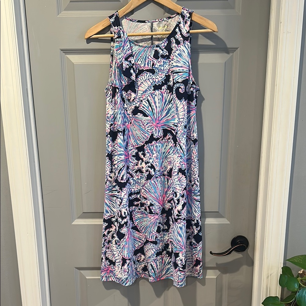 Lilly Pulitzer Navy and Pink Shell Print Midi Dress